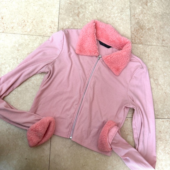 SHEIN Jackets & Blazers - Pink Long Sleeve Fluffy Zip Up Jacket